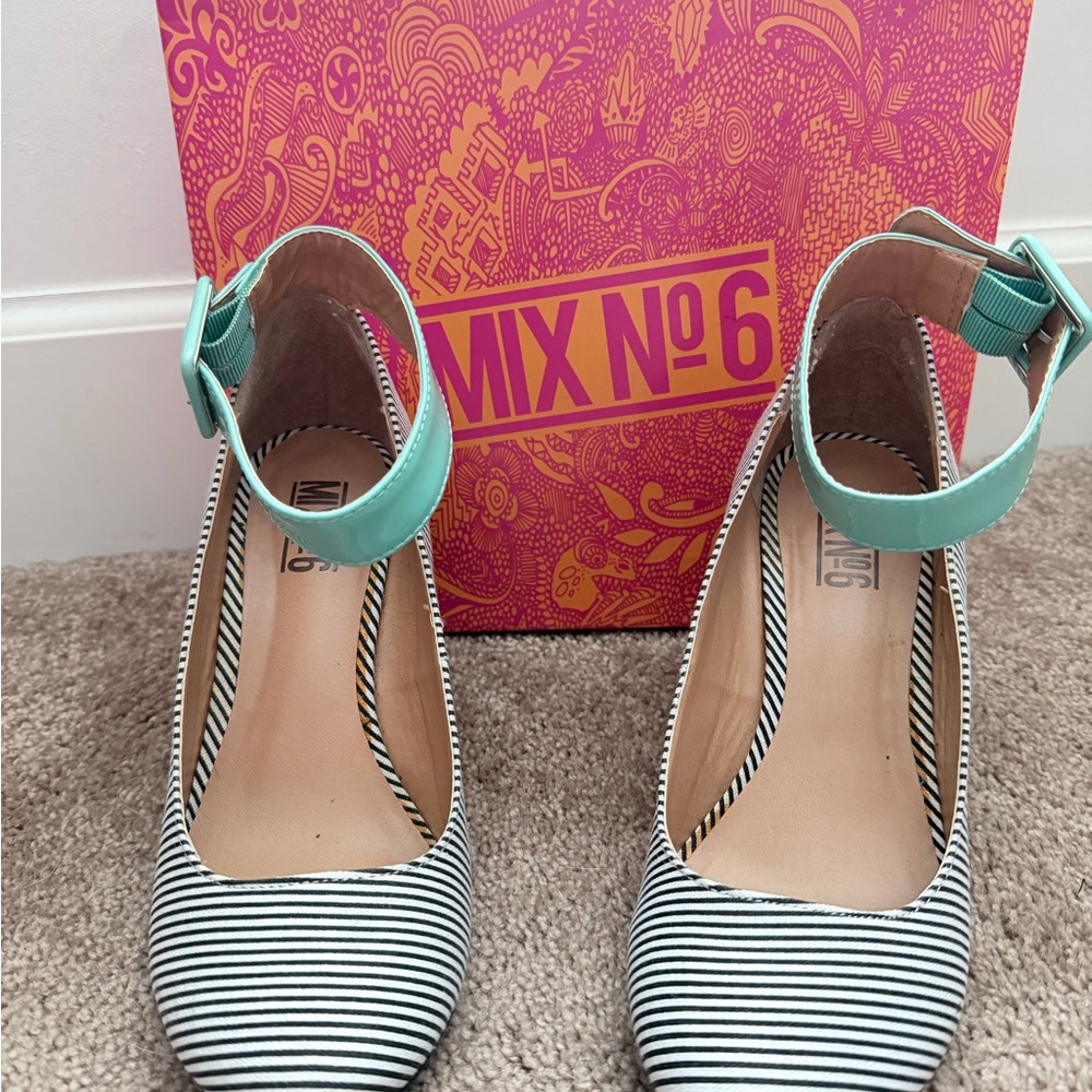 Mix No. 6 Black and White Striped Heels with Teal Strap